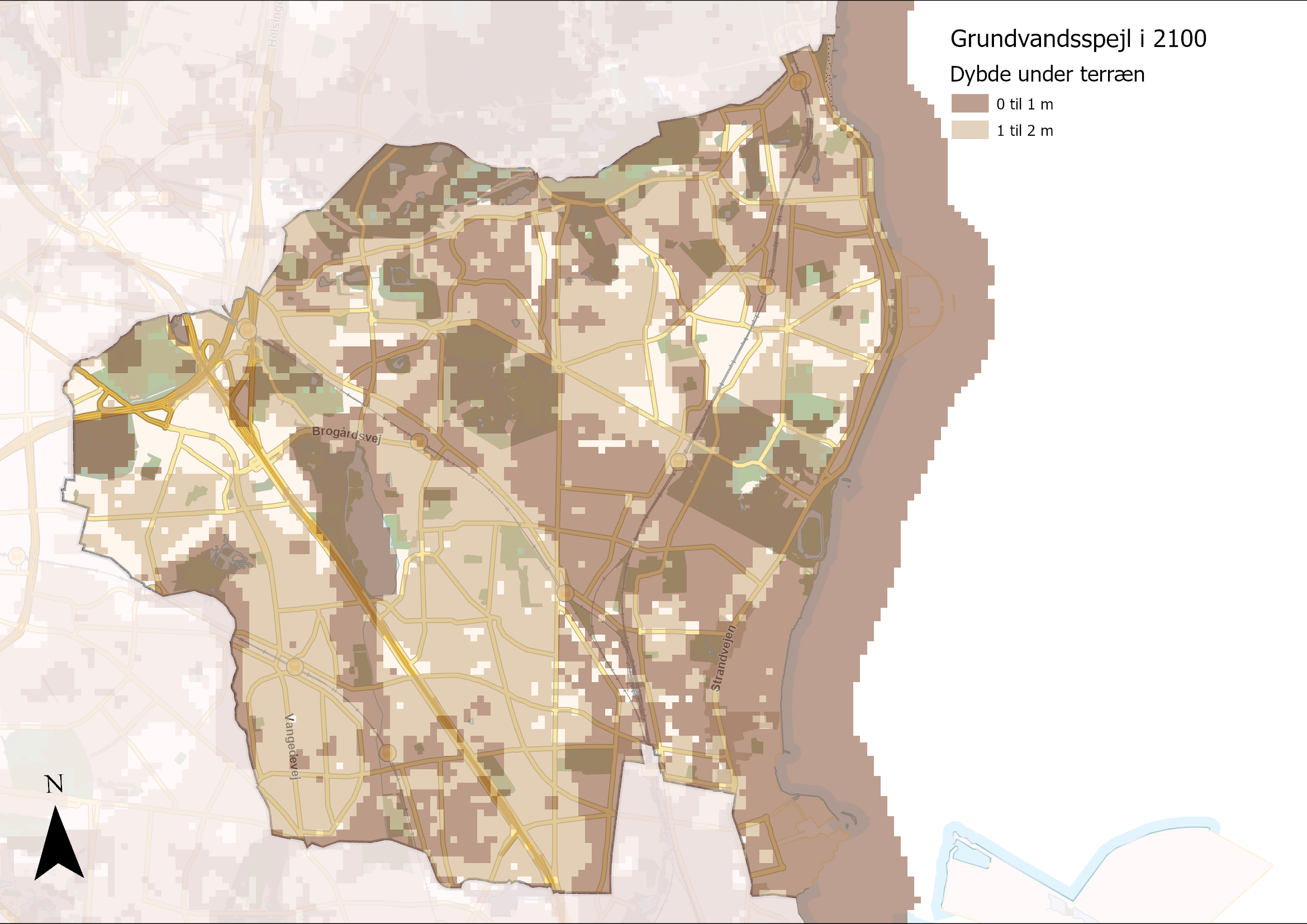 Kort der viser grundvandsspejl i 2100