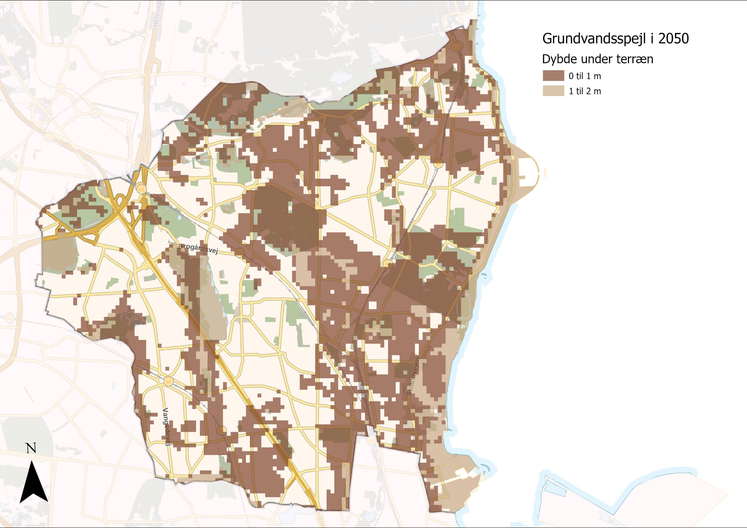 Kort der viser grundvandsspejl i 2050