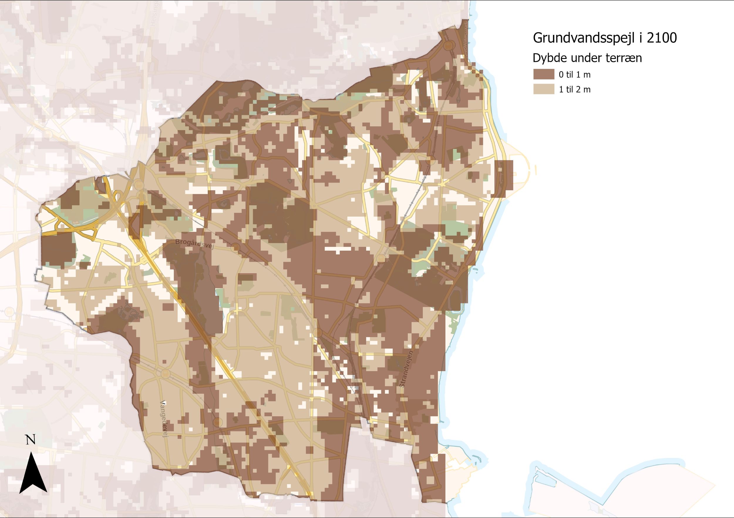 Kort der viser grundvandsspejl i 2100