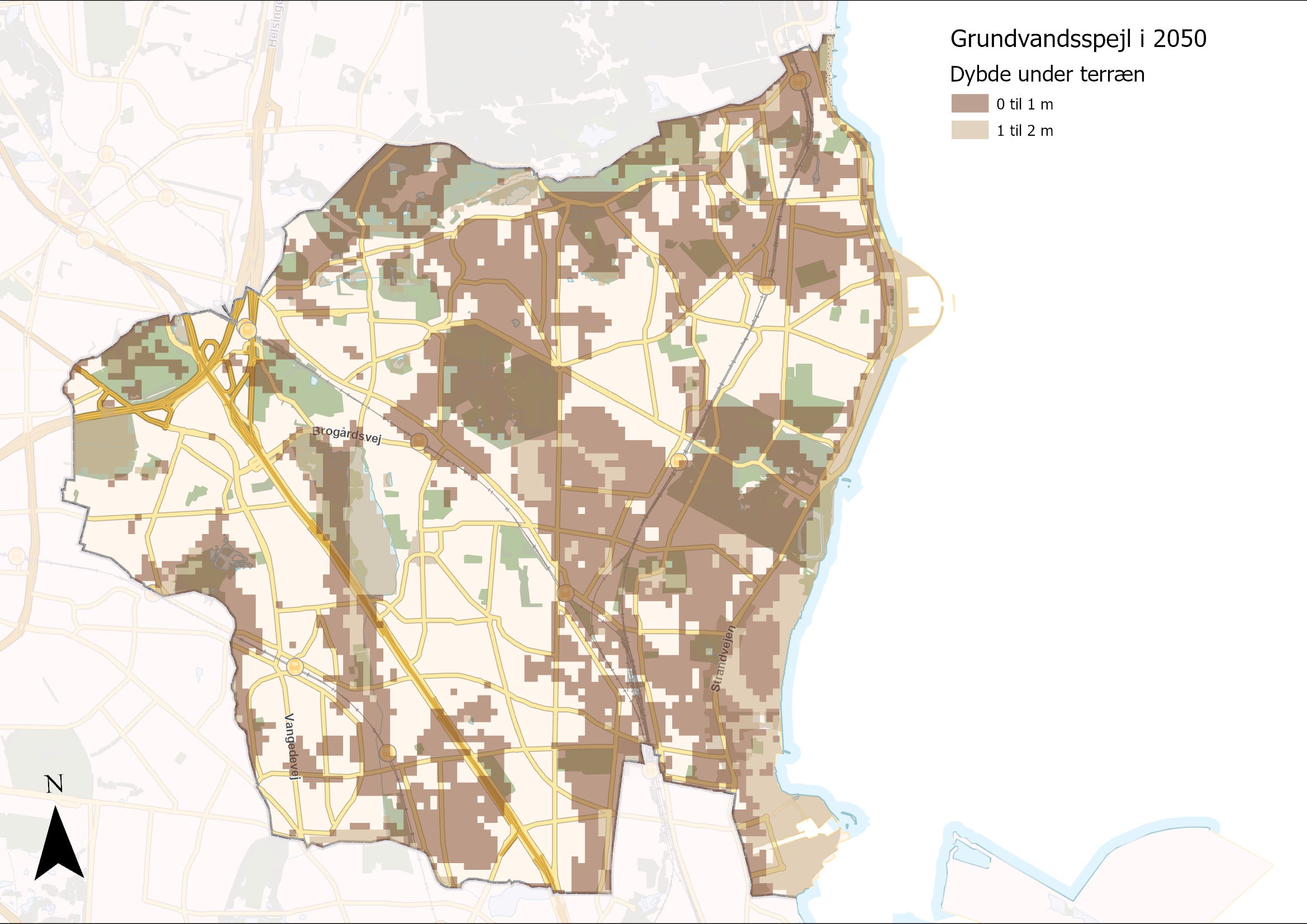 Kort der viser grundvandsspejl i 2050